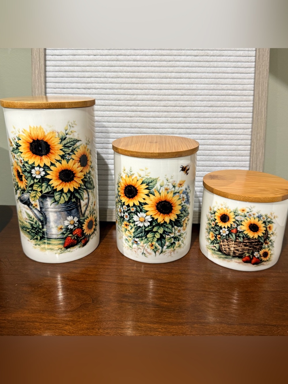 Sunflower Ceramic Kitchen Canister Set with Bamboo Lids - White/Yellow